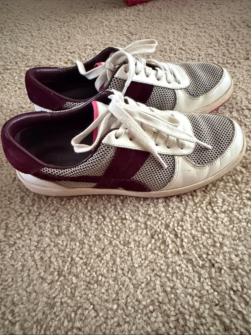 Women's Mesh & Suede Lace-Up Sneakers in White and Burgundy